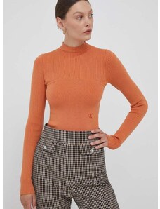 Svetr Calvin Klein Jeans dámský, oranžová barva, lehký, s pologolfem