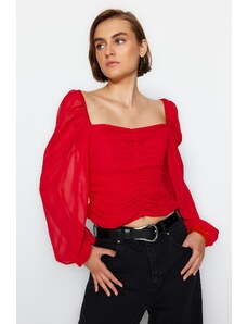Trendyol Red Gathered and Sleeve Detail Woven Blouse