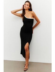 Cool & sexy Dámské Černé Lemování Jedno rameno Rozparek Midi šaty