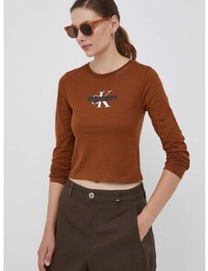 Bavlněné tričko s dlouhým rukávem Calvin Klein Jeans hnědá barva