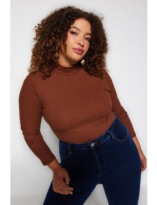 Trendyol Curve Brown Stand Collar Bodycone Ribbed Knitted Blouse
