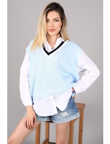 Madmext Women's Baby Blue V-Neck Striped Sweater