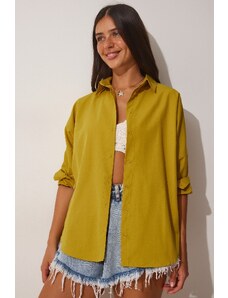 Happiness İstanbul Women's Oil Green Oversize Basic Poplin Shirt