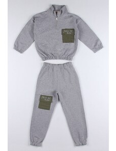 zepkids Girl's Gray Colored Just Do Printed Tracksuit Set with Pockets, Zipper and Elastic Waist.