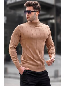 Madmext Beige Slim Fit Half Turtleneck Striped Anti-Pilling Men's Knitwear Sweater 6344