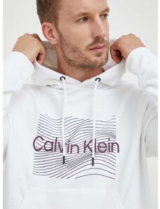 Bavlněná mikina Calvin Klein pánská, bílá barva, s kapucí, s potiskem