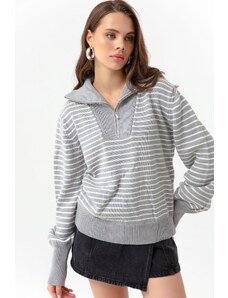 Lafaba Women's Gray Zipper Detail Striped Knitwear Sweater