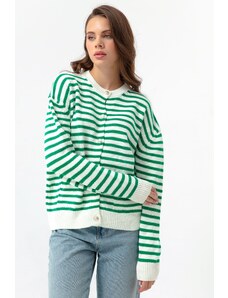 Lafaba Women's Green Gold Buttons Striped Knitwear Cardigan