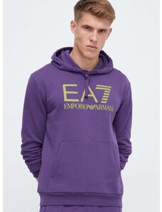 Bavlněná mikina EA7 Emporio Armani pánská, fialová barva, s kapucí, s potiskem