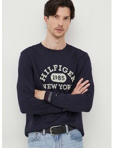 Bavlněné tričko s dlouhým rukávem Tommy Hilfiger tmavomodrá barva, s potiskem