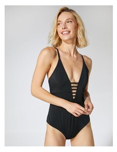 Koton V-Neck Swimsuit, Thin Straps, Covered with Piping Detail