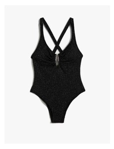 Koton Glittery Swimsuit with Metal Accessories Window Detail and Pleated Straps.