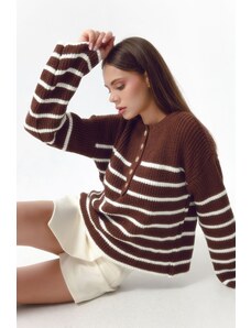 Lafaba Women's Brown Striped Gold Button Detailed Knitwear Sweater