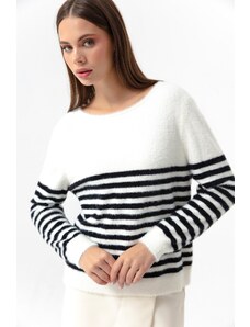 Lafaba Women's White Crew Neck Striped Knitwear Sweater
