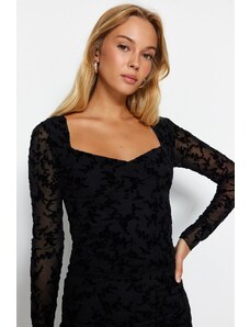 Trendyol Black Fitted/Sticky Flock Printed Tulle Lined Sweetheart Collar Flexible Knitted Blouse
