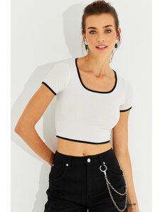 Cool & Sexy Women's White Piping Crop Blouse