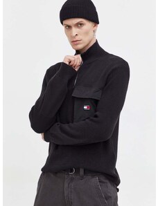 Bavlněný svetr Tommy Jeans černá barva, s pologolfem