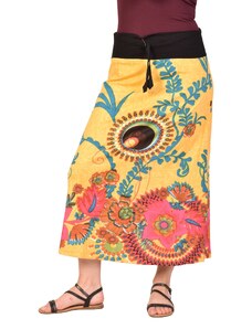 Dlouhá žlutá sukně s barevným potiskem, elastický pas a šňůrka L/XL , Žlutá , Nepál , 100%bavlna