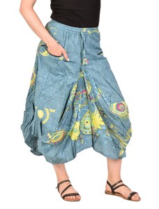 Dlouhá modrá balonová sukně s potiskem, pružný pas a kapsy L/XL , Modrá , Nepál , 100%bavlna