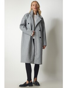 Happiness İstanbul Women Gray Double Breasted Neck Oversize Cachet Coat