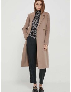Vlněný kabát Calvin Klein béžová barva, přechodný, dvouřadový