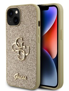 Ochranný kryt na iPhone 15 - Guess, Fixed Glitter 4G Metal Logo Gold