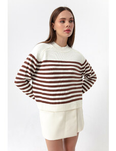 Lafaba Women's Brown Turtleneck Striped Knitwear Sweater