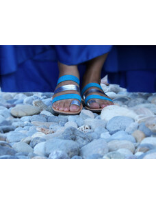 Maraki Kožené pantofle VAI – modro-stříbrné