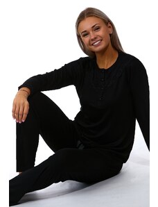Naspani Černé luxusní jemné dámské pyžamo s knoflíky a s krajkou 1B1720