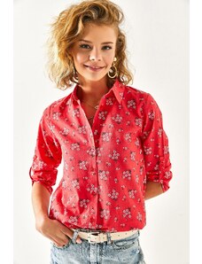 Olalook Women's Red Floral Sleeve Fold Linen Shirt