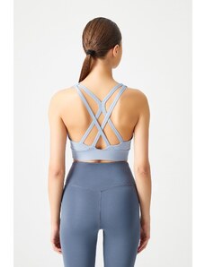 LOS OJOS Blue Gray Padded Back Detailed Covered Sports Bra