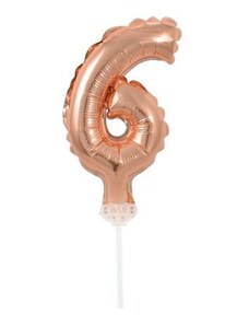 BALONČ Balón foliový číslice - 6 - RŮŽOVO ZLATÁ - ROSE GOLD 12,5 cm s držákem