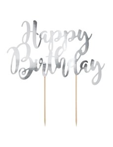 PARTYDECO Dekorace - zápich na dort Happy Birthday - narozeniny - stříbrná - 22,5 cm