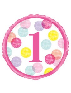 UNIQUE Balón foliový 1. narozeniny růžový s puntíky - HOLKA - Happy birthday - 45 cm