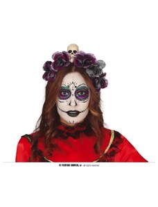 GUIRCA Čelenka s lebkou a šedofialovými květy - Halloween