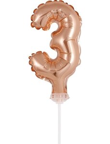 GODAN Balón foliový číslice - 3 - RŮŽOVO ZLATÁ - ROSE GOLD 12,5 cm s držákem