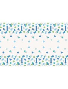 UNIQUE Ubrus 1. narozeniny modrý s puntíky - KLUK - 137 x 213 cm - Happy birthday