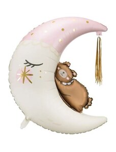 PARTYDECO Balónek fóliový Medvídek na měsíci - růžový - Baby shower - Těhotenský večírek - 98 cm