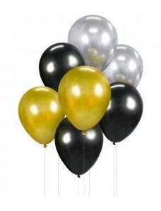 GODAN Sada latexových balónků - chromovaná zlatá, stříbrná, černá - 7 ks - 30 cm - Silvestr