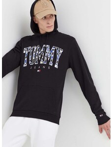 Bavlněná mikina Tommy Jeans pánská, černá barva, s kapucí, s potiskem