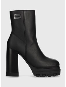 Kožené kotníkové boty Tommy Jeans TJW HIGH HEEL ANKLE BOOT dámské, černá barva, na podpatku, EN0EN02256