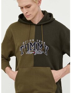 Bavlněná mikina Tommy Jeans pánská, zelená barva, s kapucí, s aplikací