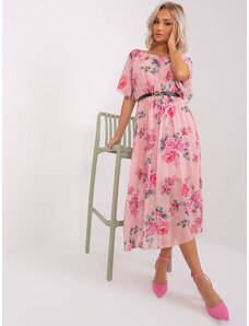Fashionhunters Světle růžové midi šaty s květinami