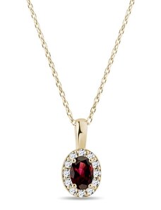 Zlatý halo náhrdelník s oválným granátem a diamanty KLENOTA N0529853
