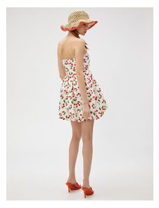Koton Strapless Mini Dress Balloon Skirt Cherry Printed Lined Cotton