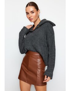 Trendyol Brown Faux Leather High Waist Mini Knitted Skirt