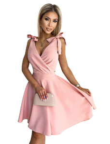 Dámské šaty s psaníčkovým výstřihem a mašlemi Numoco ROSALIA - pudrově růžové