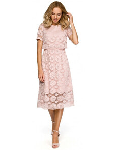 model 18001959 krajkové midi šaty s výstřihem růžové - Moe