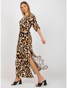 Fashionhunters Béžové a černé midi šaty s leopardím vzorem s kravatou