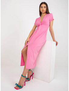 Fashionhunters Růžové midi koktejlové šaty s rozparkem